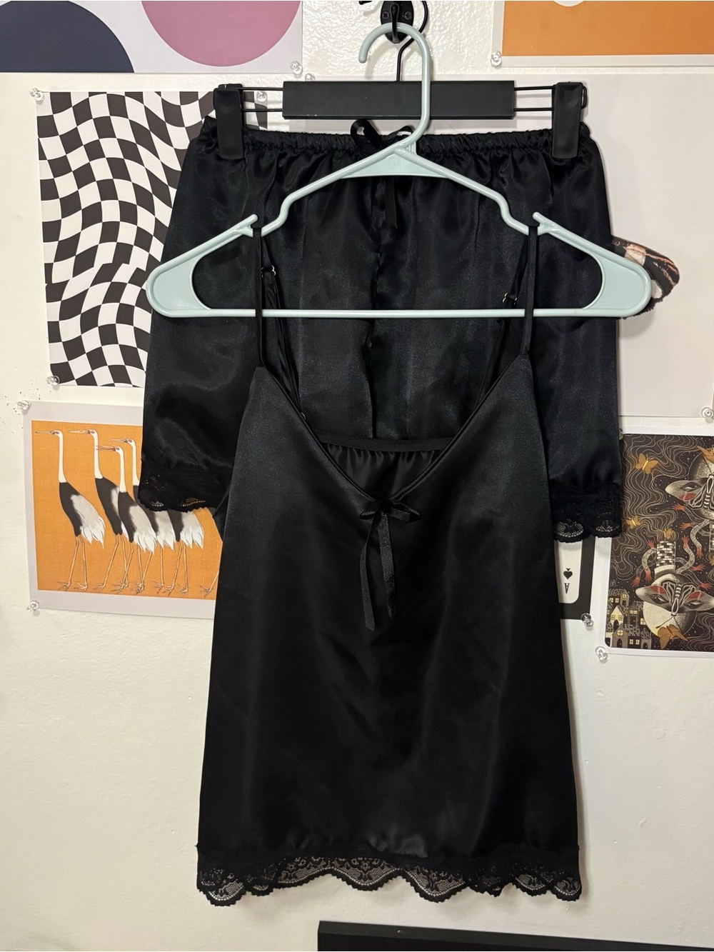 Black Satin Lace Trim Cami & Tap Shorts Lingerie Set